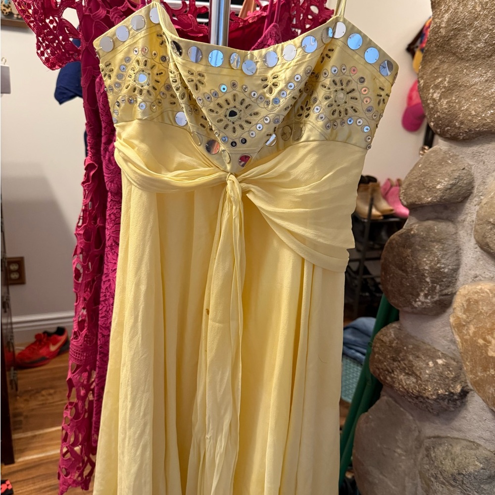 BCBG Yellow Embellished Strapless Dress